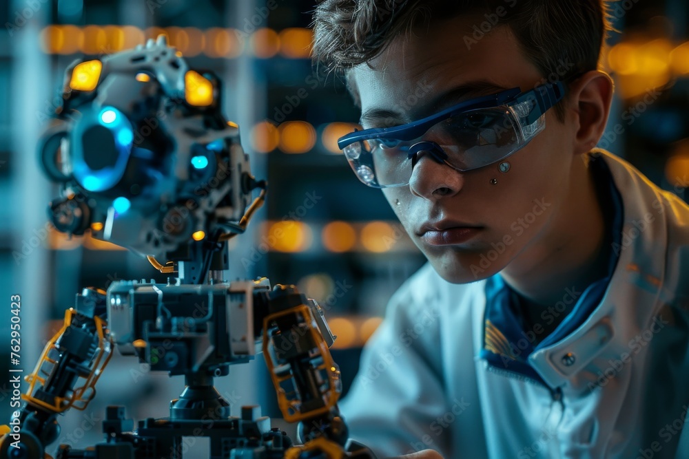 Poster young robotics engineer focused on innovating with a toy robot in a modern lab setting