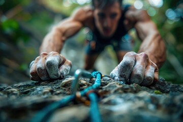 Close-up of a climber's hands gripping a hold.