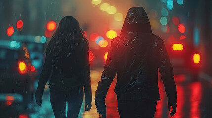 At night on the street, a hooded criminal is chasing a woman. - obrazy, fototapety, plakaty