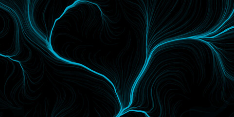 Acrylic abstract lines with wave swirl curve on pour black and blue gradient color liquid marble. Black texture of brush. scratched texture soft lines brushed steel, desktop wallpaper. etched into.