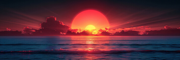 Burning sun sets the sky ablaze with vibrant hues of red, orange, and yellow, casting a warm and fiery glow across the horizon. - obrazy, fototapety, plakaty