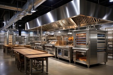 Professional stainless steel bakery kitchen.