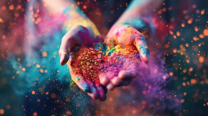Close-up of hands and explosions of multicolored paint. Vivid, bright pigments Colorful dust and powder with loud noises The sound flickers and shimmers. Hand drawn background for design. - obrazy, fototapety, plakaty