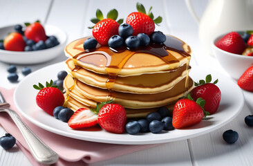 pancakes for breakfast, fresh strawberries and blueberries, very tasty	