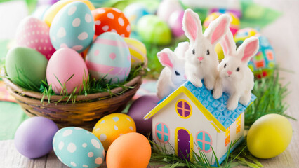 Fototapeta na wymiar Easter eggs and Easter bunnies on the table