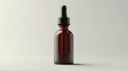a dark brown translucent dropper bottle on a studio background