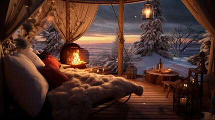 A Romantic dinner in a private cabana on the snow-covered pine trees in winter. With a bonfire and a view of the sea of mist.