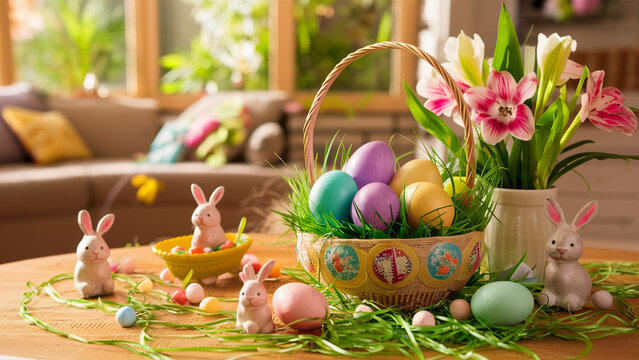 Easter eggs and Easter bunnies on the table