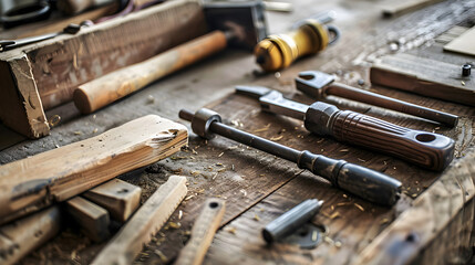 Set of tools on a wooden background, carpenter contractor.