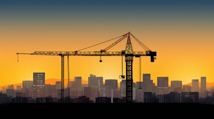 A Vector illustration of Construction crane above building urban development city skyline Black construction site isolated on transparent background.