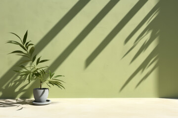 A potted plant sits in front of a green wall, casting a shadow on the wall