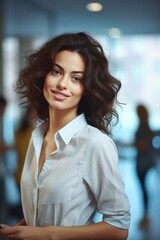 Naklejka premium A woman with a short haircut and a white shirt is smiling for the camera