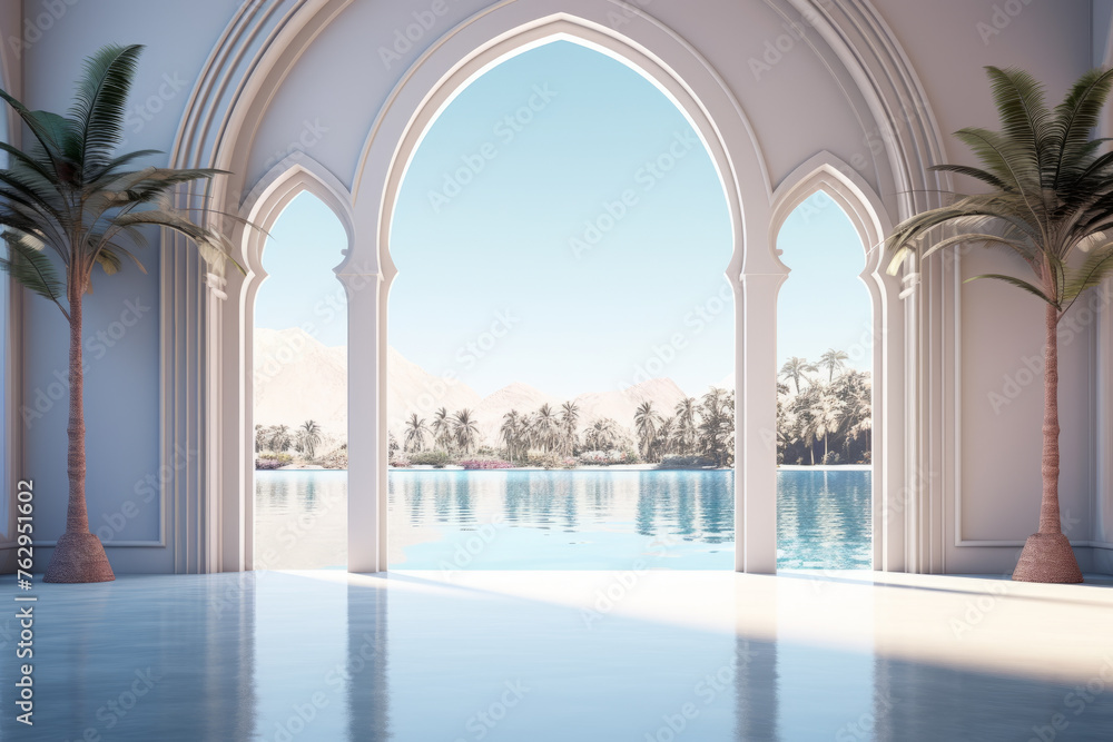 Poster a large archway with a view of a lake and palm trees