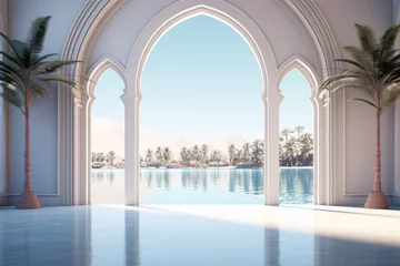 Stoff pro Meter A large archway with a view of a lake and palm trees © vefimov