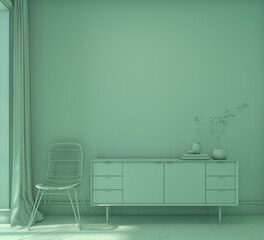 Light green color modern living room interior design, 3d green background, furnitures and table decoration, wall for poster presentation, display room with shadow platform, 3d rendering