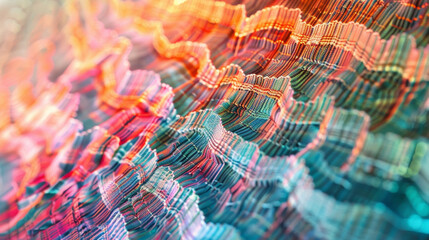 A closeup of a handwoven tapestry with a pixelated design made using programmable LEDs. The combination of traditional weaving ods and programmable technology creates a unique
