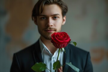 Young caucasian man in suit holding red rose.