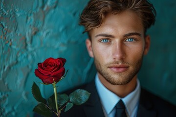 Young caucasian man in suit holding red rose. - obrazy, fototapety, plakaty