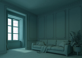 3D background for interior design, minimal sofa with wooden wall on dark green backdrop, living room mockup and window view, house plant decoration, 3d rendering