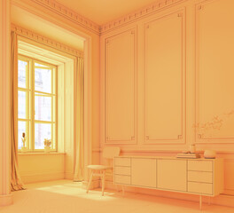 Yellow color modern flat living room interior design,  3d yellow background, furnitures and table decoration, wall for poster presentation, display room with shadow and window view, 3d rendering