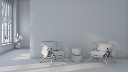 White empty living room with sunlight and the shadow from window, mockup room for copy space, modern bright interior design, gray and white armchairs decoration, 3d background, 3d rendering