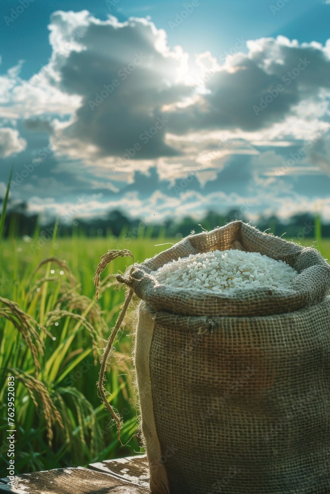 Poster a bag of rice is sitting on a table in front of a field