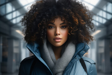 A woman with curly hair is wearing a blue coat and a gray scarf - obrazy, fototapety, plakaty