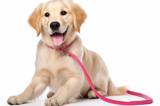 A dog is sitting on the ground with a pink leash