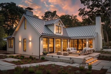 Modern farmhouse with gabled roof constructed by board and batten. - obrazy, fototapety, plakaty