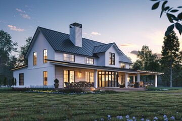 Modern farmhouse with gabled roof constructed by board and batten. - obrazy, fototapety, plakaty