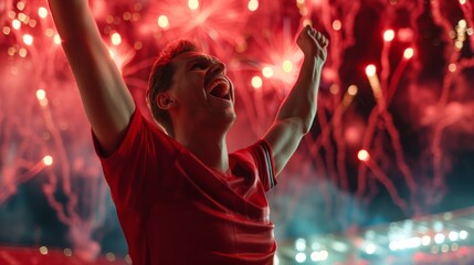 a happy soccer fan celebrating a goal at the stadium with red fireworks