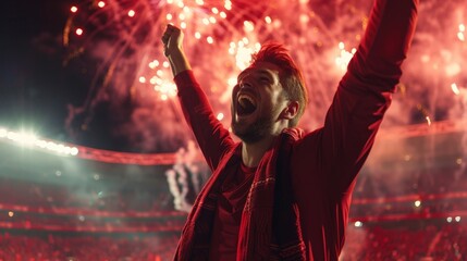 a happy soccer fan celebrating a goal at the stadium with red fireworks