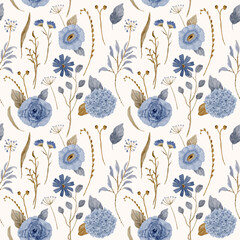 vintage blue floral watercolor seamless pattern