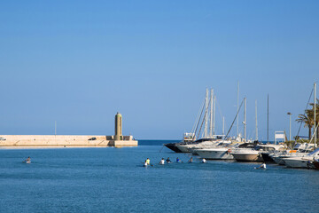A view of the sea coast with white yachts in the port