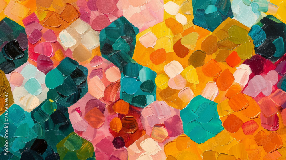 Poster an abstract painting with overlapping shapes resembling a honeycomb in a range of vibrant colors tha