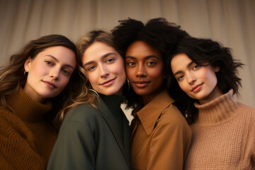 Four women are posing for a photo, all wearing different colored sweaters