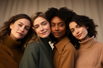 Obraz premium Four women are posing for a photo, all wearing different colored sweaters