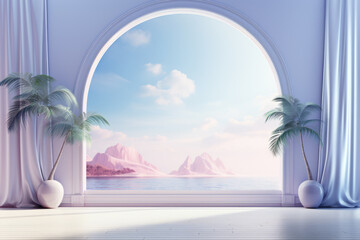 A large archway with a view of the ocean and mountains
