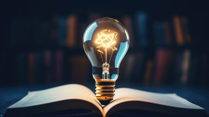 A light bulb is lit up and is sitting on top of an open book