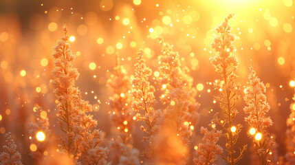 夕日に照らされて輝く秋の草原