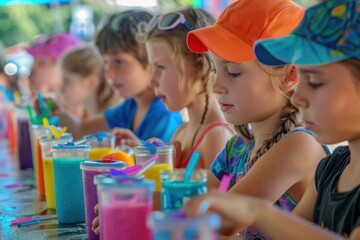 Children enjoying smoothie-making activity at a vibrant forest summer camp, surrounded by lush greenery and colorful wildflowers, fostering a fun and healthy experience in nature.