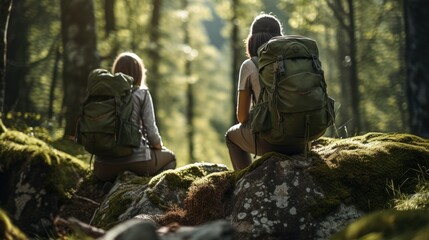 Two women are sitting on a rock in a forest, each with a backpack on