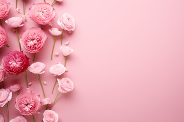 Pink flowers are arranged in a row on a pink background