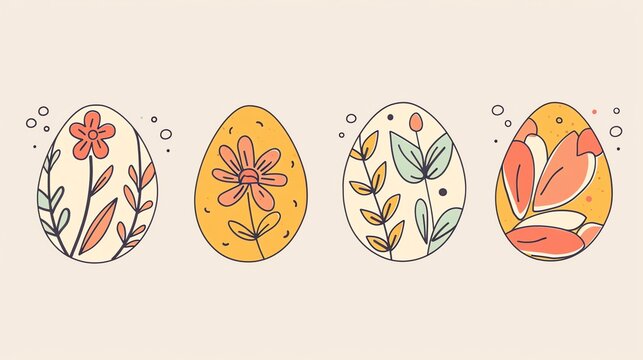 Minimalistic line art illustrations of Easter eggs inspired by nature incorporating floral leaf flat design