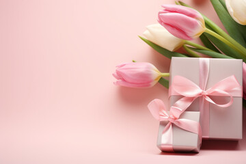 Fototapeta premium A pink and white bouquet of flowers sits on a pink background