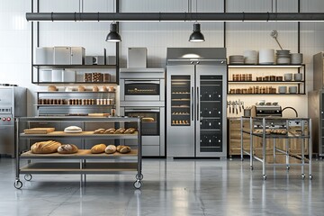 Professional stainless steel bakery kitchen.