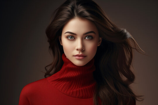 A woman with long hair and a red sweater