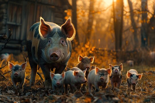 Pigs and piglets at the domestic farm.