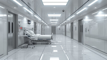 A new modern morgue in a hospital setting, designed with sleek surfaces, clinical equipment, and advanced refrigeration units. - obrazy, fototapety, plakaty