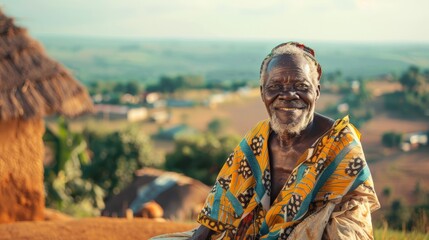 portrait of a smiling old african man in traditional clothes sitting in a traditional african village - obrazy, fototapety, plakaty